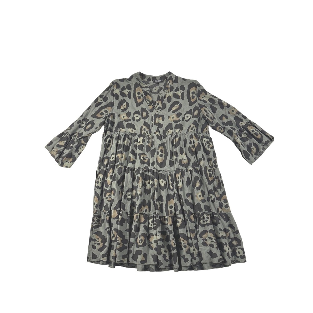Papillon Womens Leopard Print Tiered Babydoll Mini Dress Olive‎ Green Size S/M